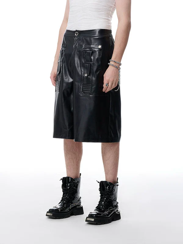 Deconstructed Pockets Leather Cargo Shorts - Image 4