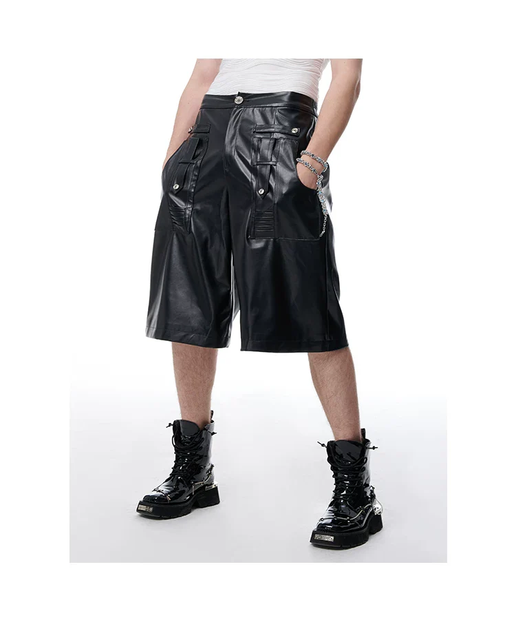 Deconstructed Pockets Leather Cargo Shorts - Image 6