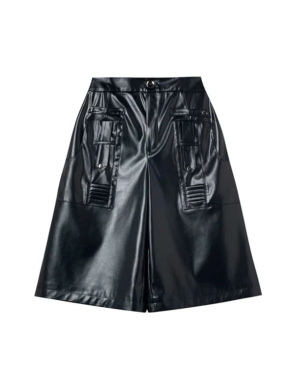 Deconstructed Pockets Leather Cargo Shorts - Image 7