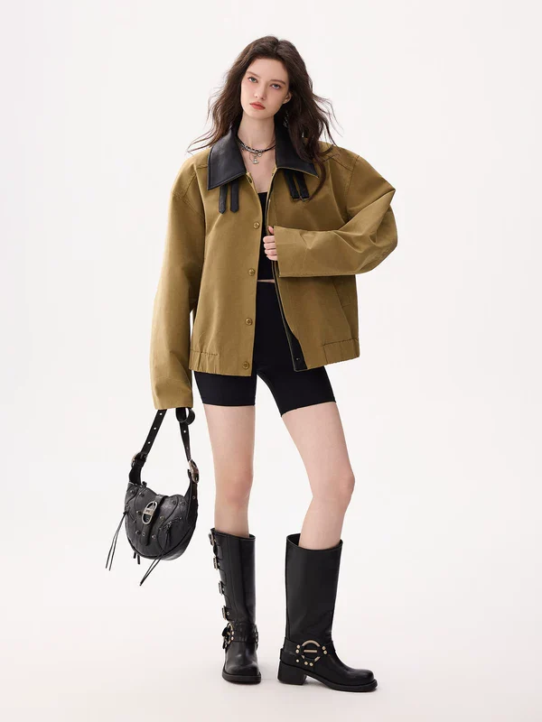Leather Collar Button-Up Jacket - Image 9