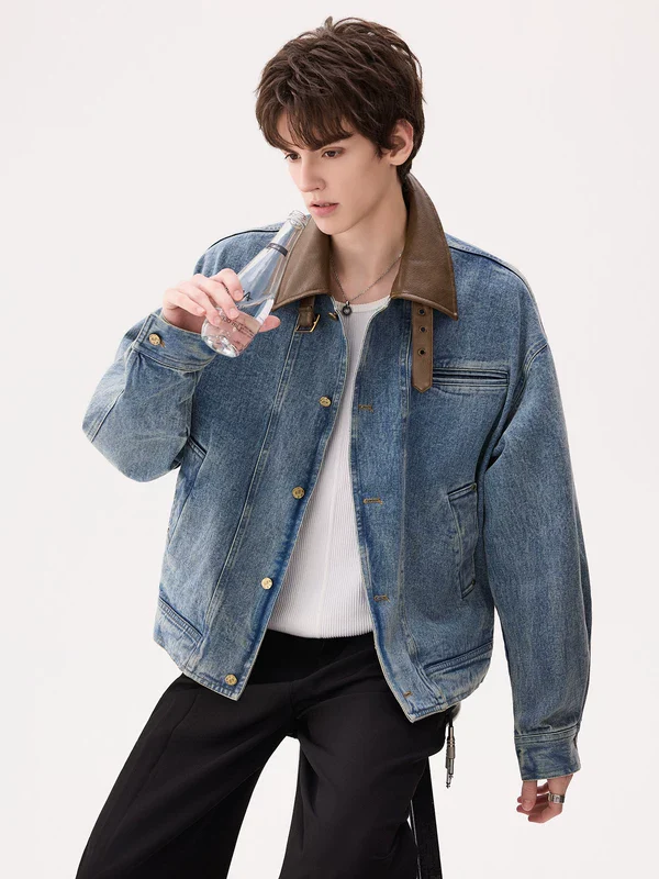 Leather Collar Denim Trucker Jacket - Image 4