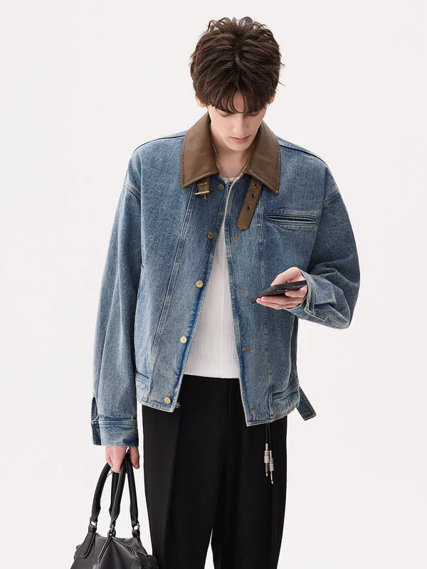 Leather Collar Denim Trucker Jacket - Image 5