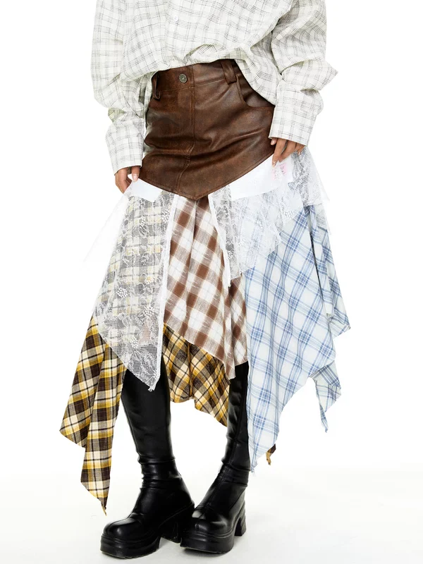 Leather Patchwork Plaid Lace Midi Skirt - Image 3