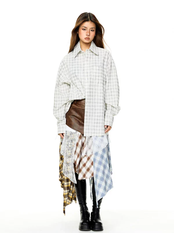 Leather Patchwork Plaid Lace Midi Skirt - Image 5