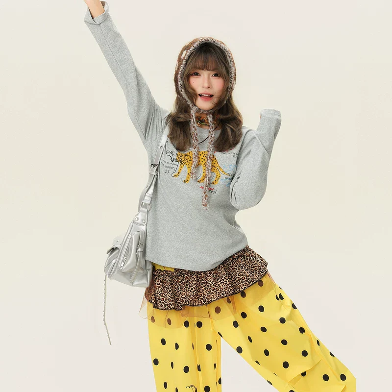 Leopard Graphic Long Sleeve Turtleneck Top