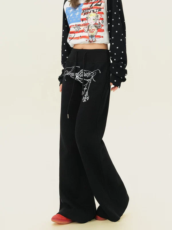 Letter Print Drawstring Flared Sweatpants - Image 3