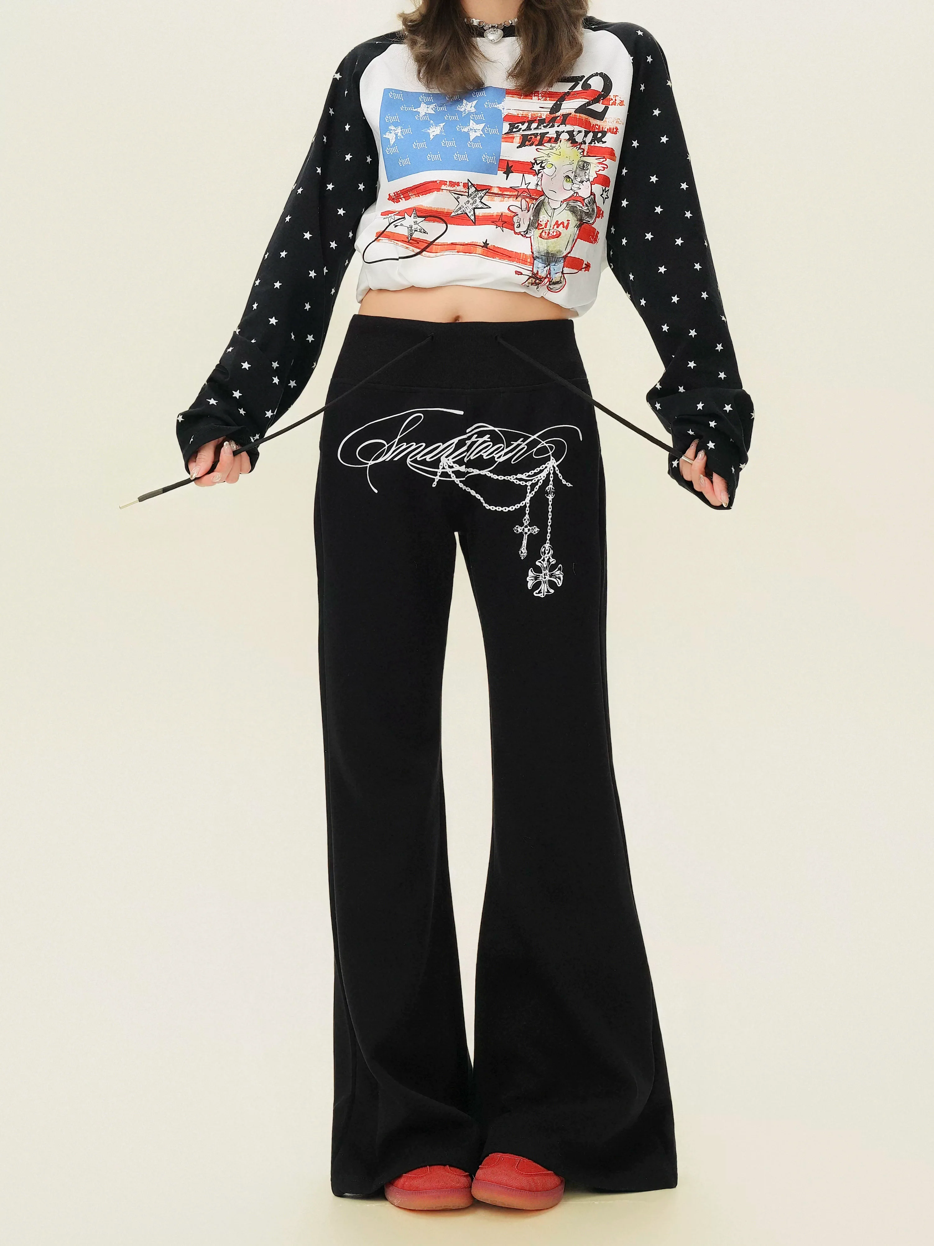 Letter Print Drawstring Flared Sweatpants - Image 5