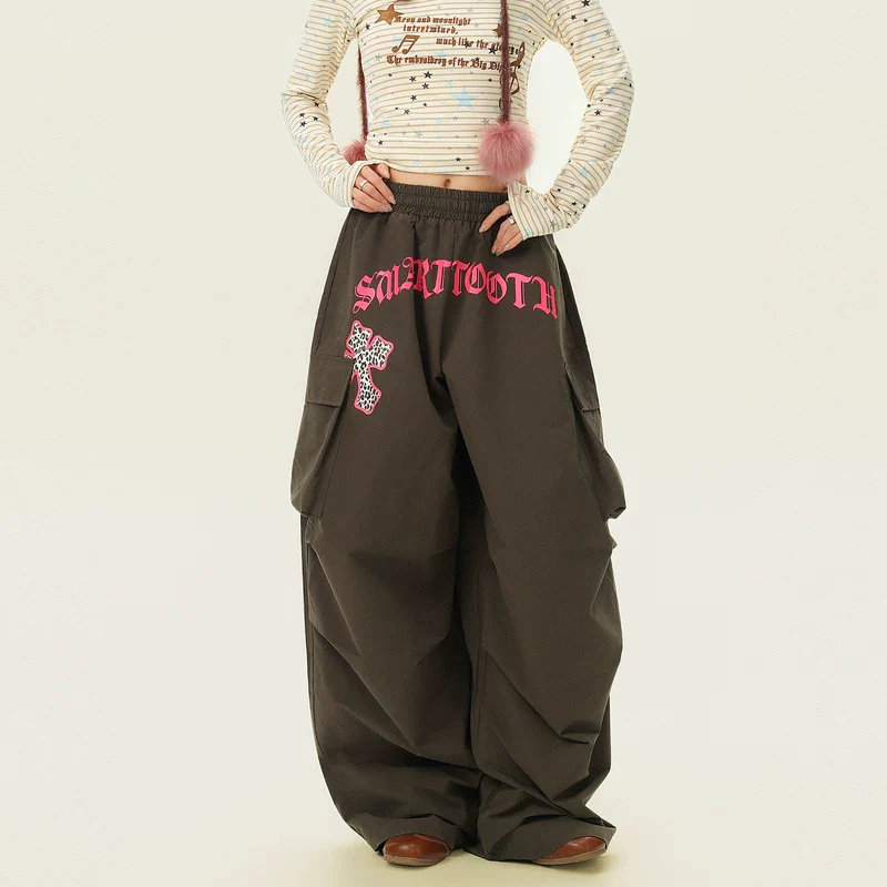 Letter Print Wide Leg Cargo Pants