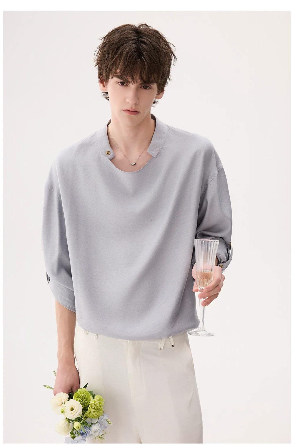 Linen-Blend Drape Collar Long Sleeve Shirt