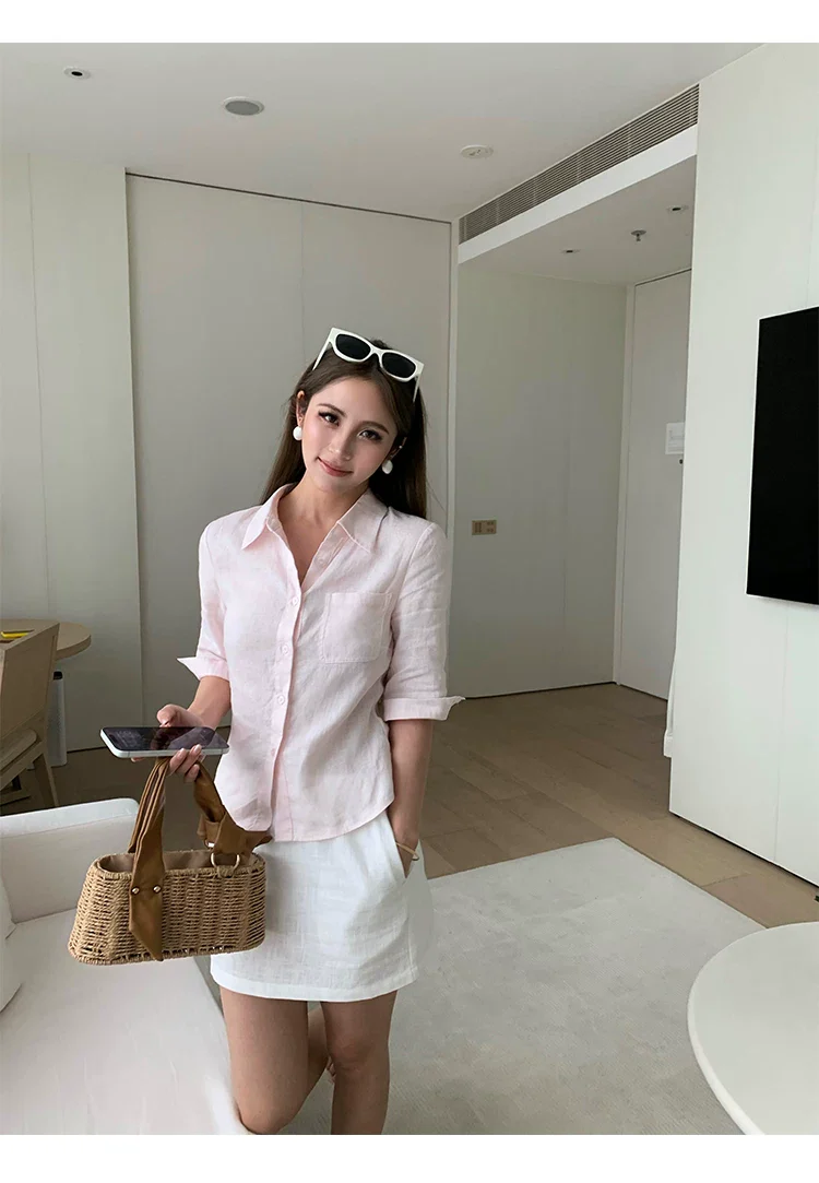 Linen Mid-Sleeve Button-Up Shirt - Image 4