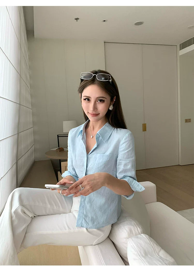 Linen Mid-Sleeve Button-Up Shirt - Image 5