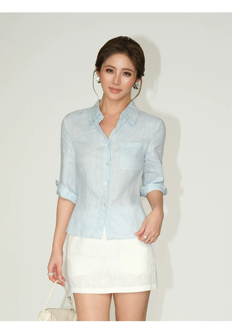 Linen Mid-Sleeve Button-Up Shirt - Image 9