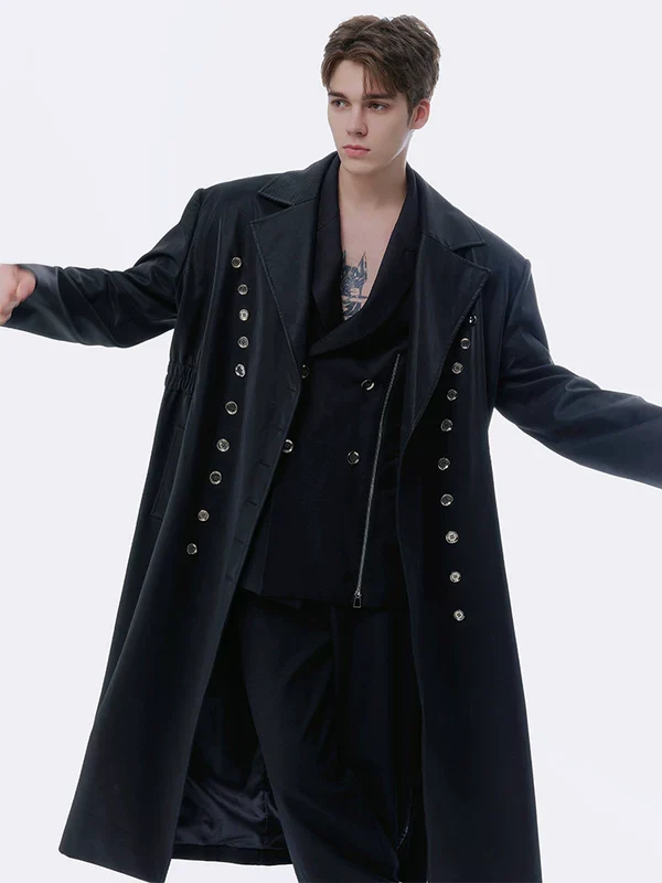 Metal Button Detail Long Leather Coat