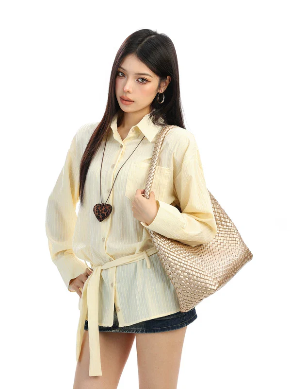 Long Sleeve Belted Button Front Blouse - Image 2