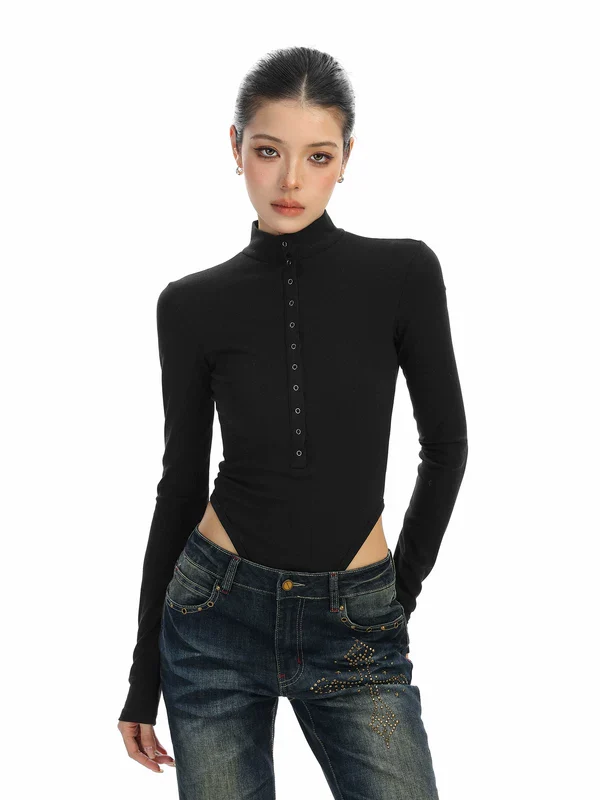 Long Sleeve Button-Up Turtleneck Bodysuit - Image 2