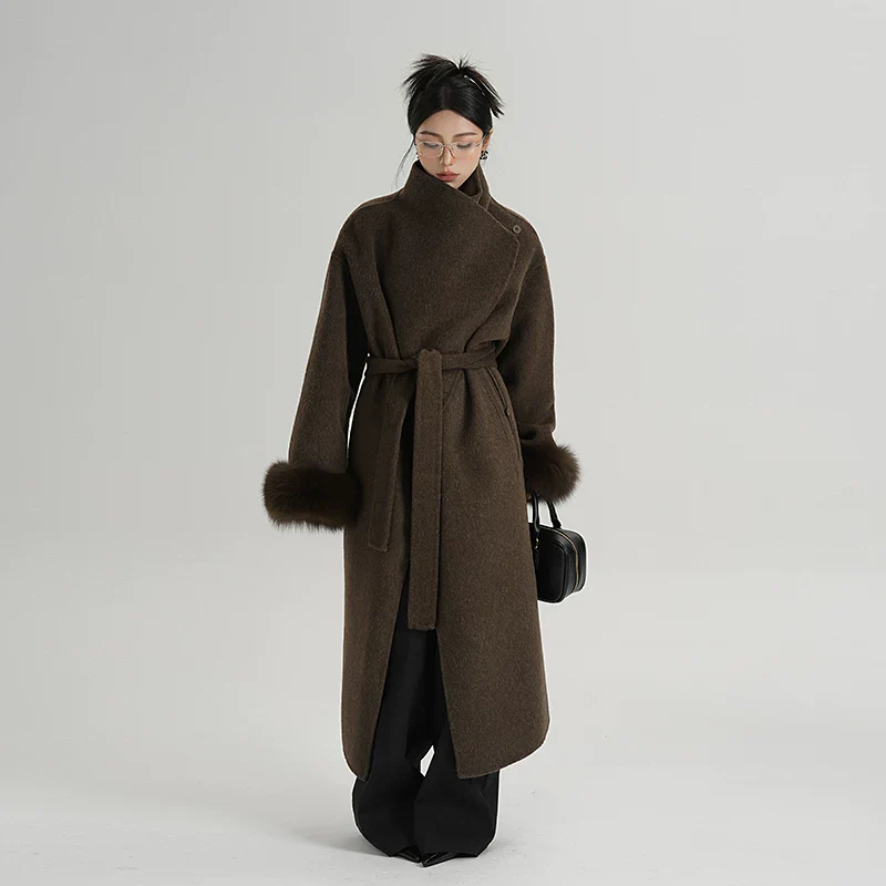 Long Wool Belted Coat with Fur Cuffs