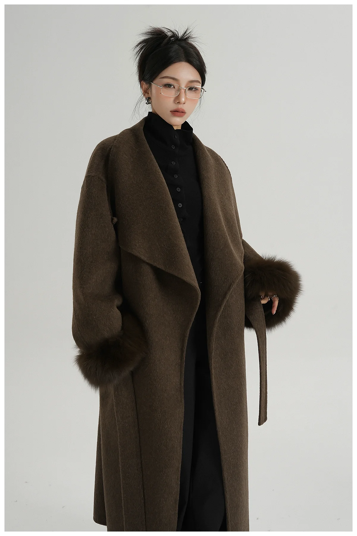 Long Wool Belted Coat with Fur Cuffs - Image 10