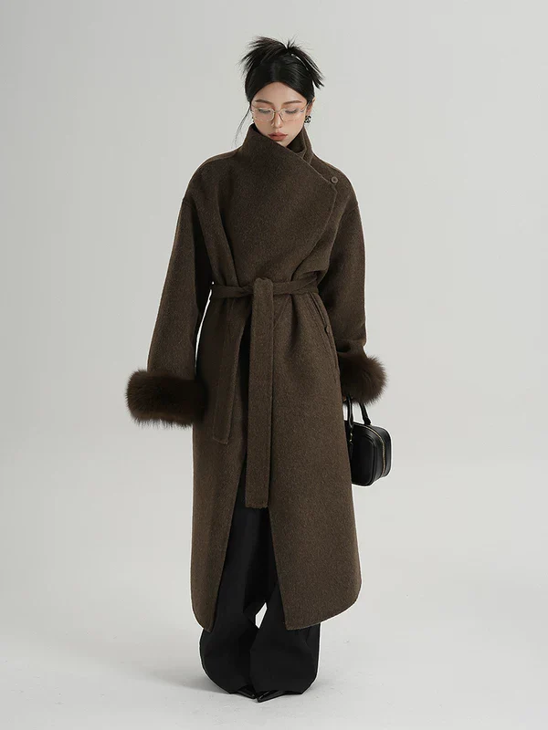 Long Wool Belted Coat with Fur Cuffs - Image 2