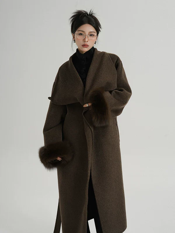 Long Wool Belted Coat with Fur Cuffs - Image 3