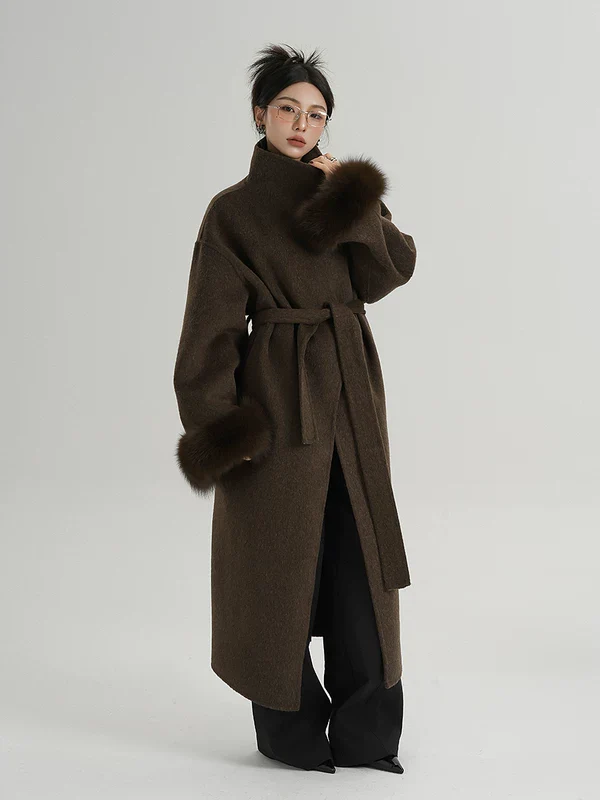 Long Wool Belted Coat with Fur Cuffs - Image 4