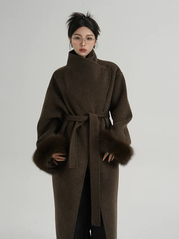Long Wool Belted Coat with Fur Cuffs - Image 5