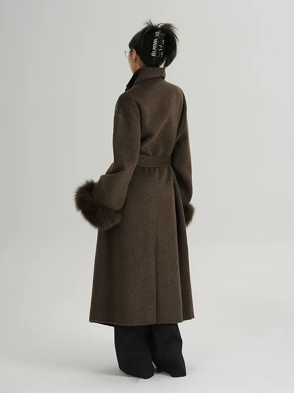 Long Wool Belted Coat with Fur Cuffs - Image 6