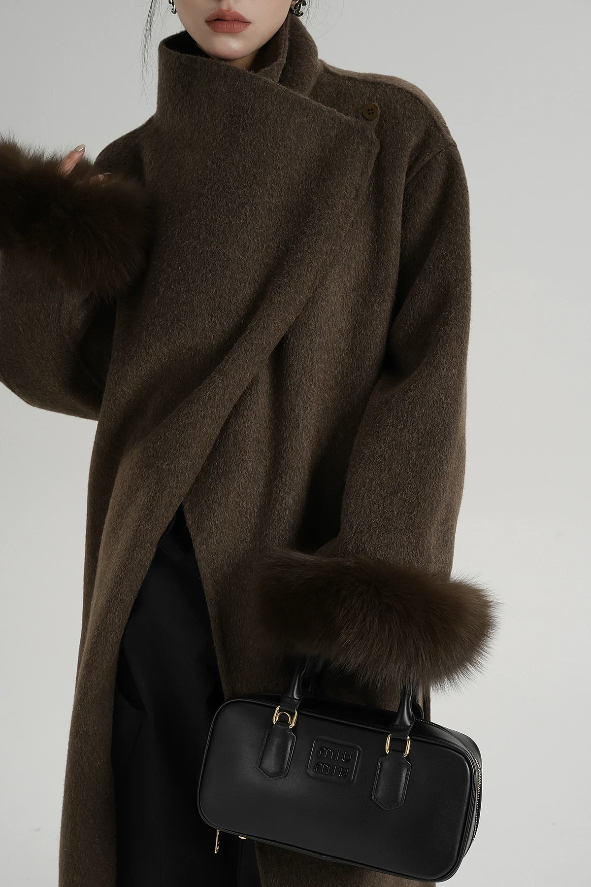 Long Wool Belted Coat with Fur Cuffs - Image 8