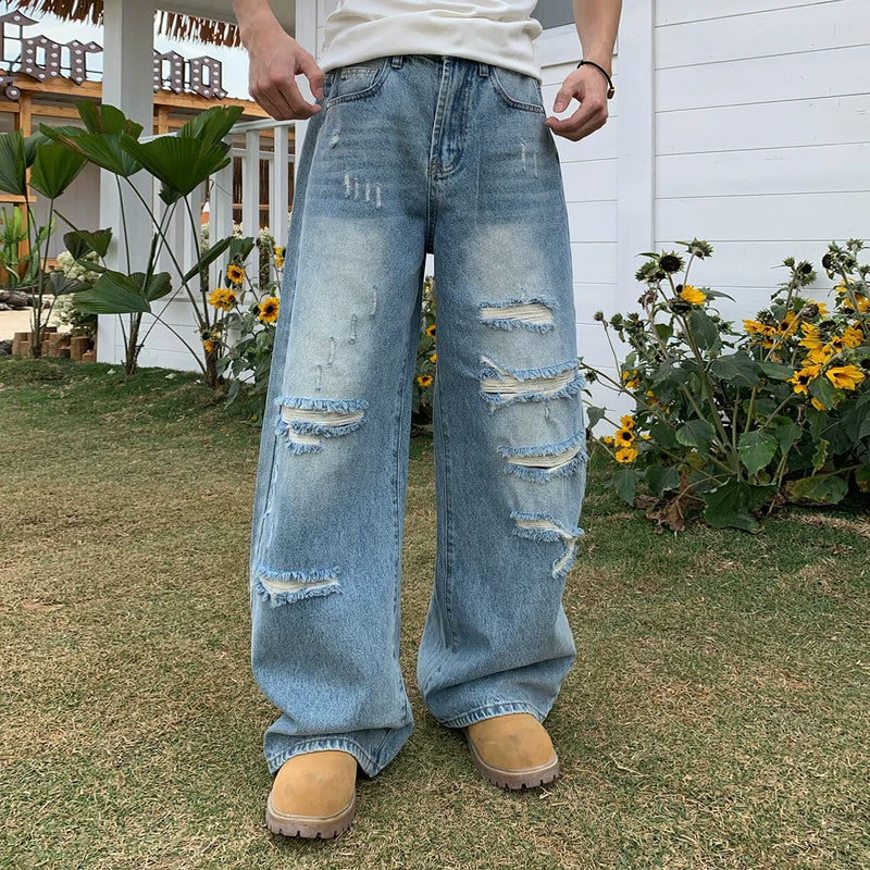 Loose Wide-Leg Distressed Streetwear Jeans