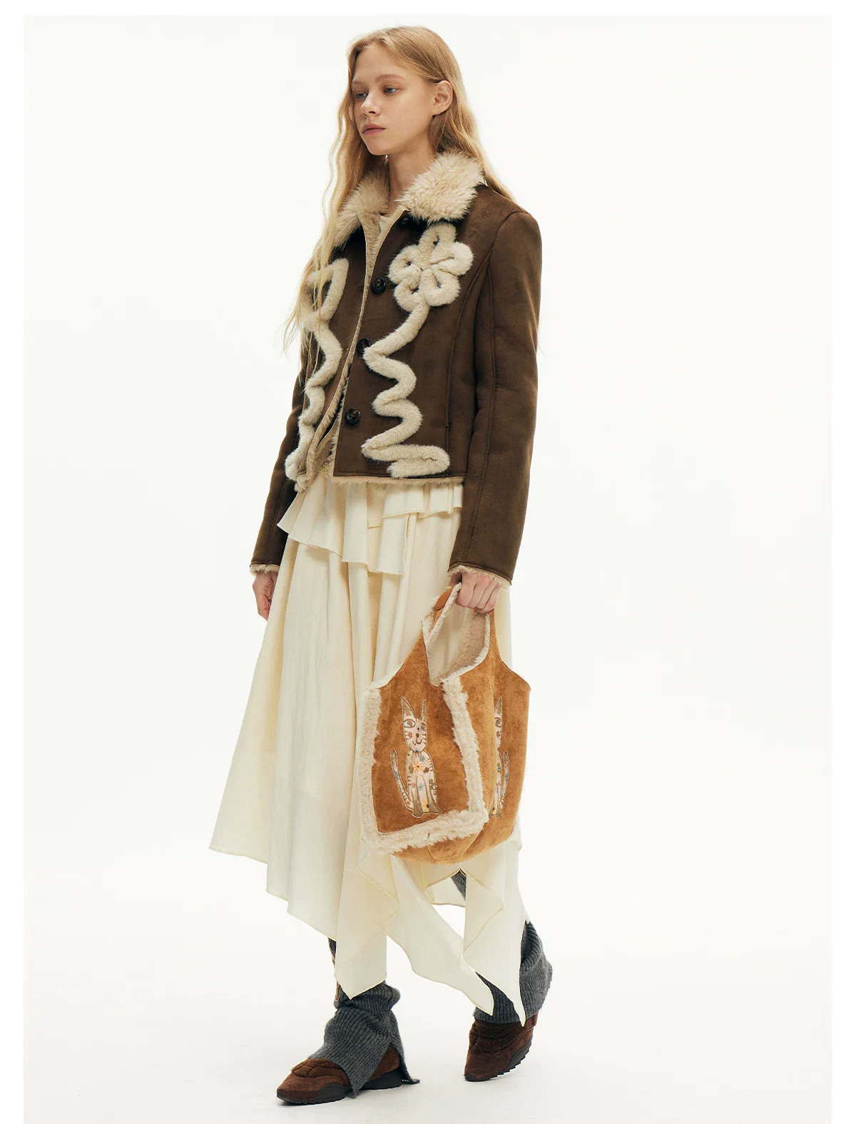 Lucky Cat Suede Shearling Tote Bag - Image 3