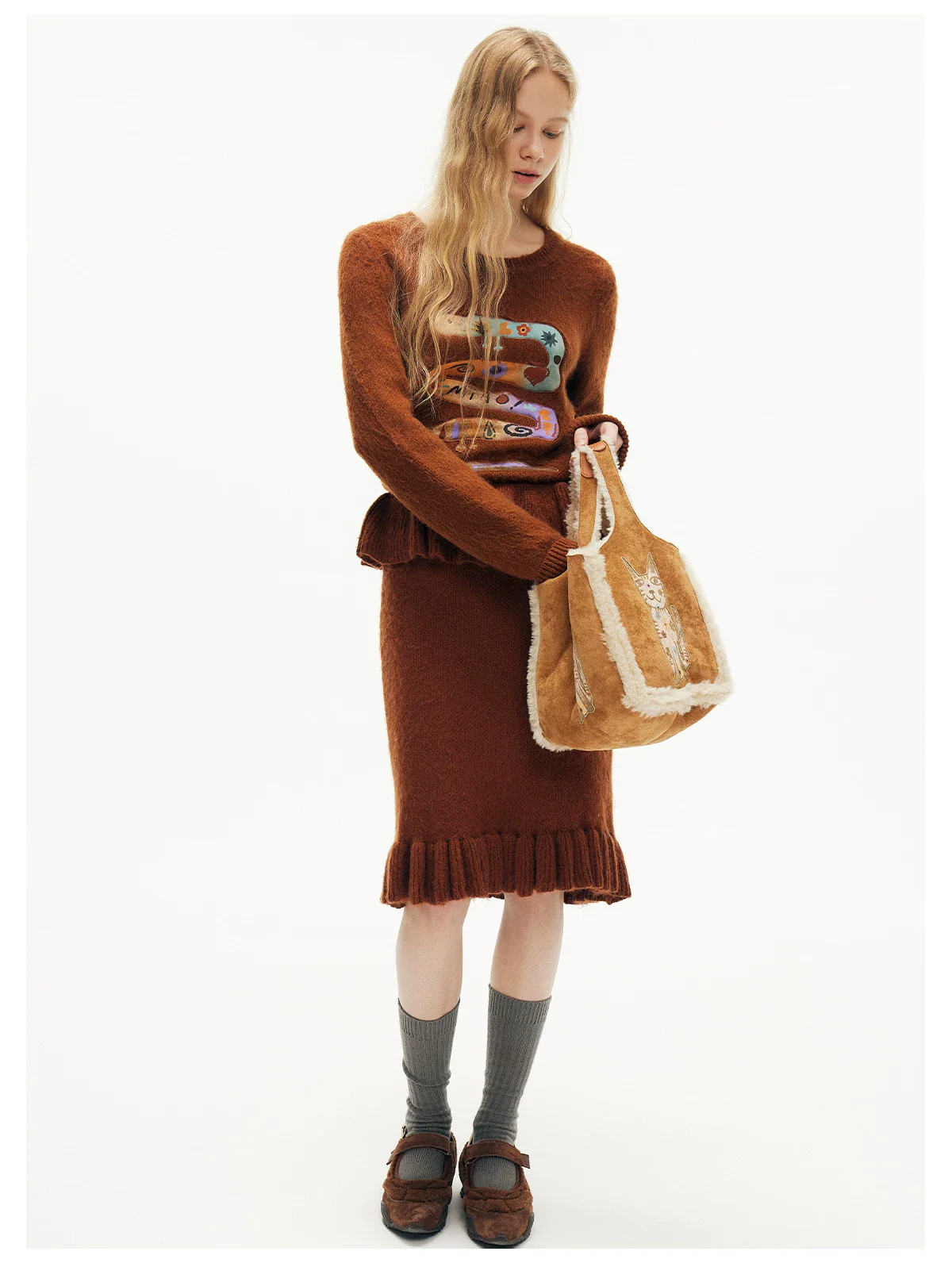 Lucky Cat Suede Shearling Tote Bag - Image 4