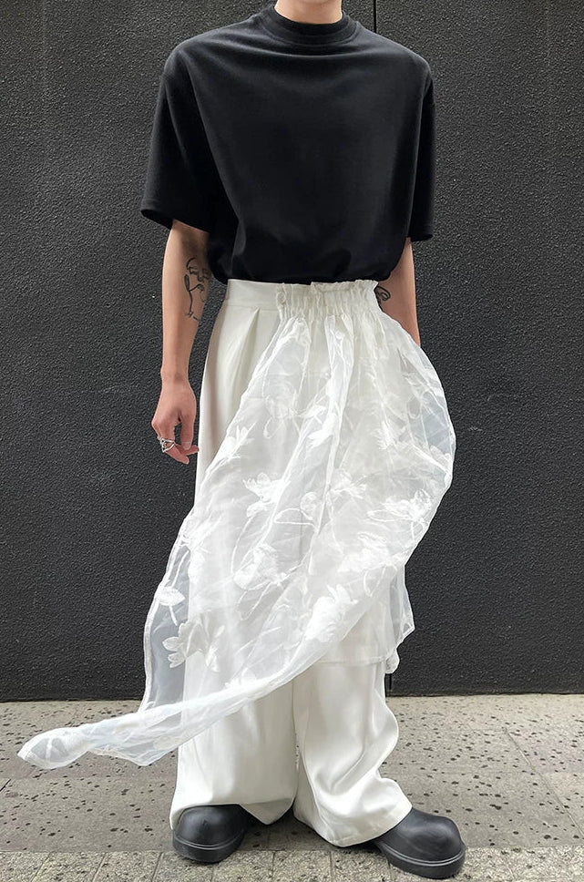 Mesh Overlay Wide-Leg Multi-Wear Pants