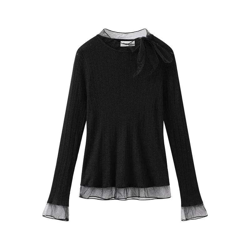 Mesh Patchwork Tie-Bow Knit Top - Image 3