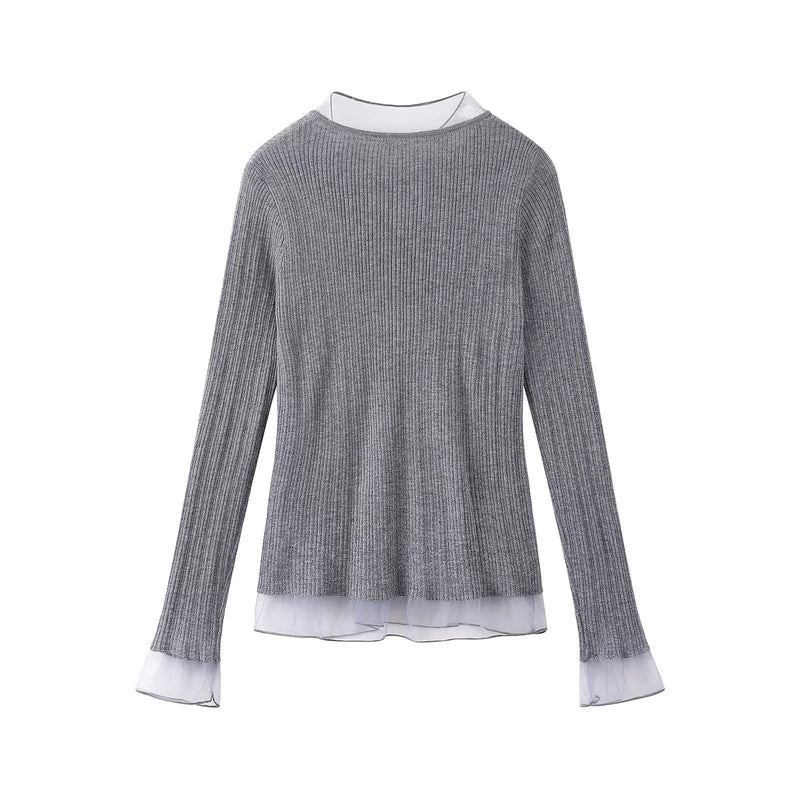 Mesh Patchwork Tie-Bow Knit Top - Image 4