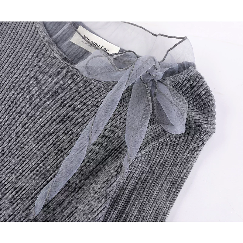 Mesh Patchwork Tie-Bow Knit Top - Image 5