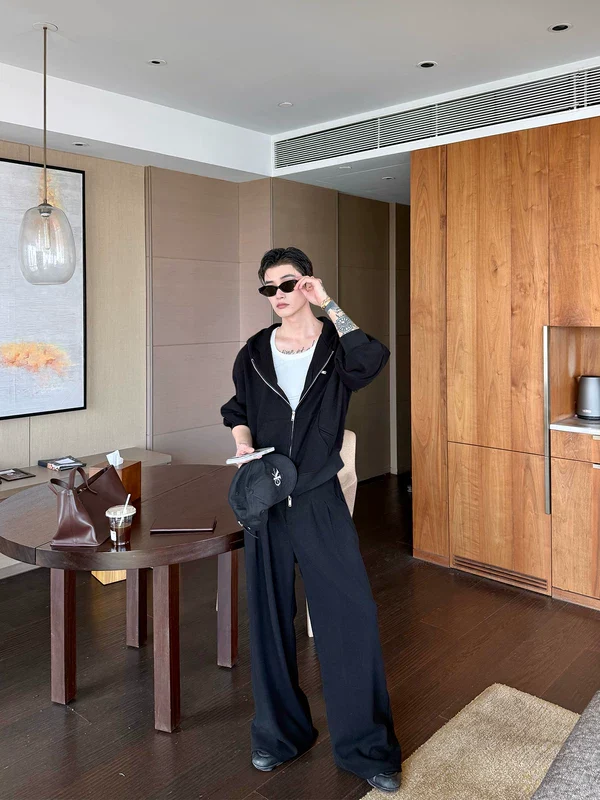 Minimalist Hooded Cardigan and Wide-Leg Pants - Image 2