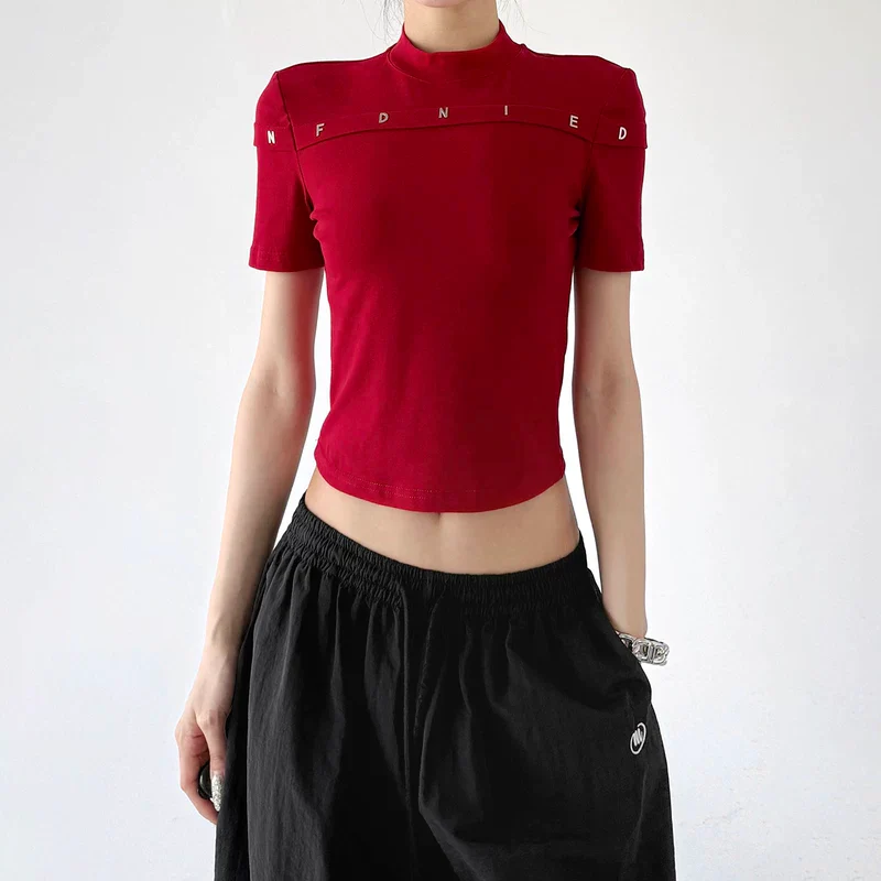 Mock Neck Slim Fit Letter T-Shirt