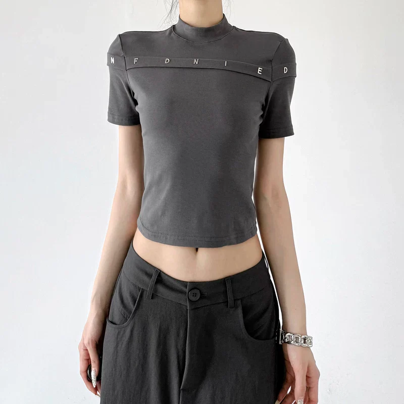 Mock Neck Slim Fit Letter T-Shirt - Image 12