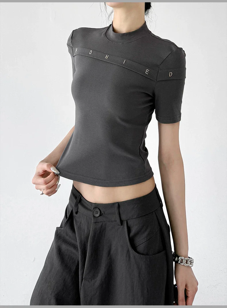 Mock Neck Slim Fit Letter T-Shirt - Image 14