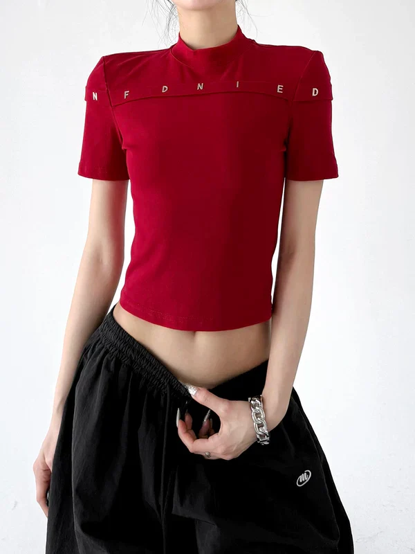 Mock Neck Slim Fit Letter T-Shirt - Image 5