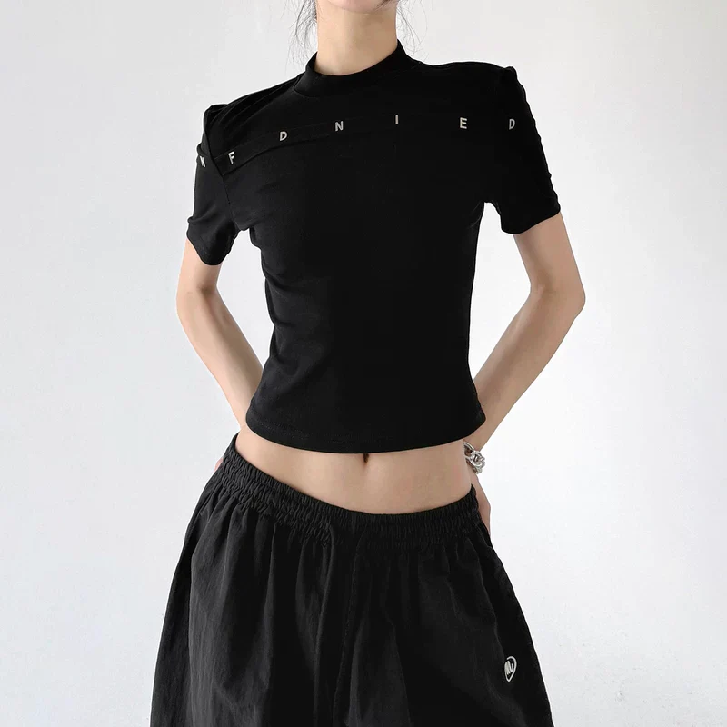 Mock Neck Slim Fit Letter T-Shirt - Image 6