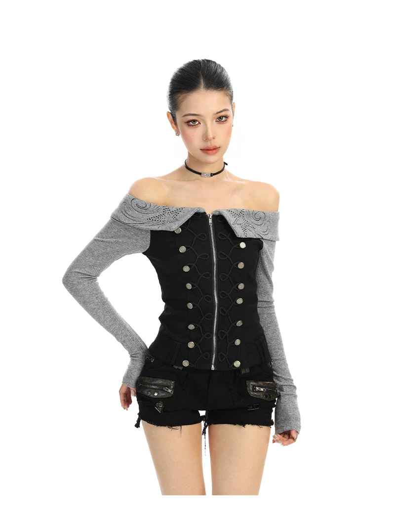 Off-Shoulder Button-Down Denim Top - Image 2