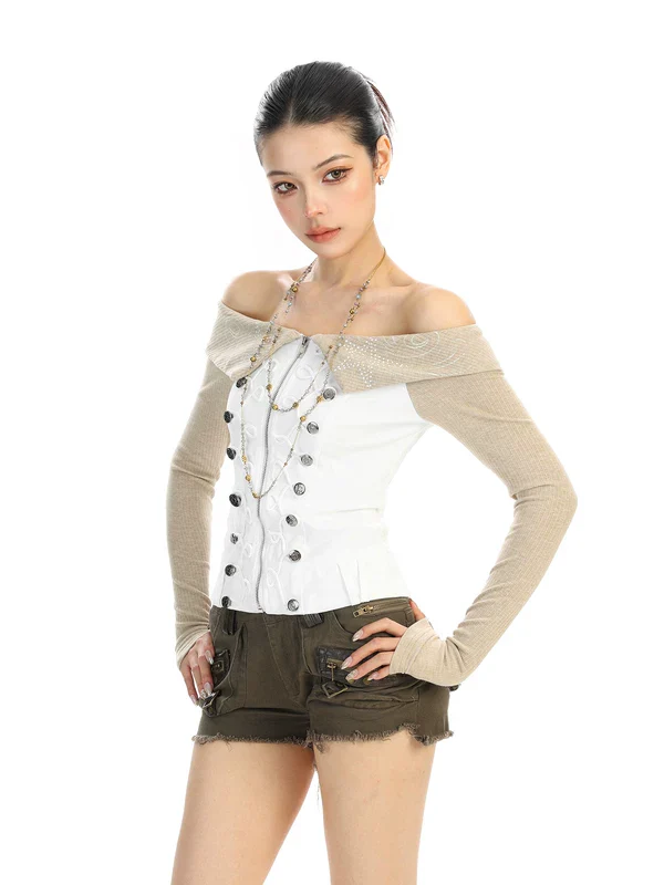 Off-Shoulder Button-Down Denim Top - Image 3