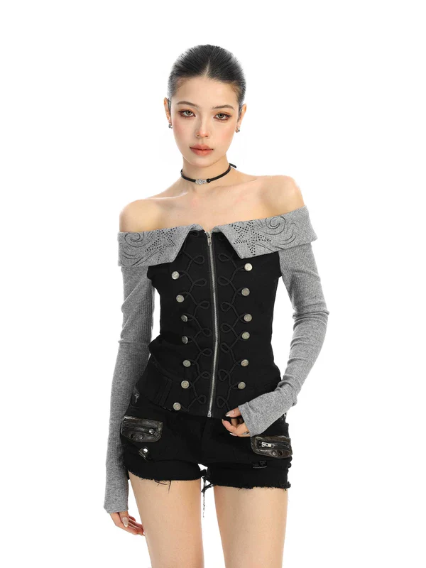 Off-Shoulder Button-Down Denim Top - Image 4