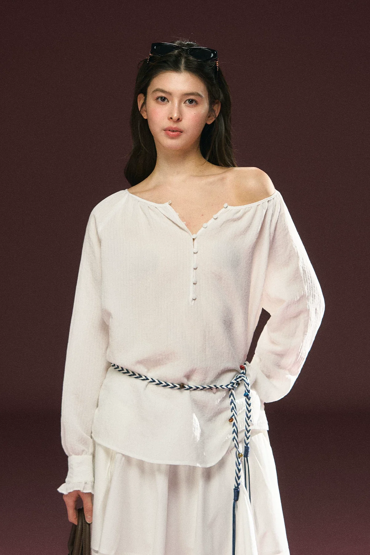 Off-Shoulder Button Front Pullover