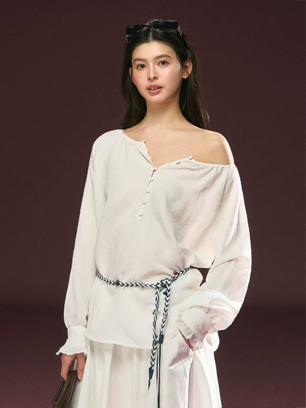 Off-Shoulder Button Front Pullover - Image 3