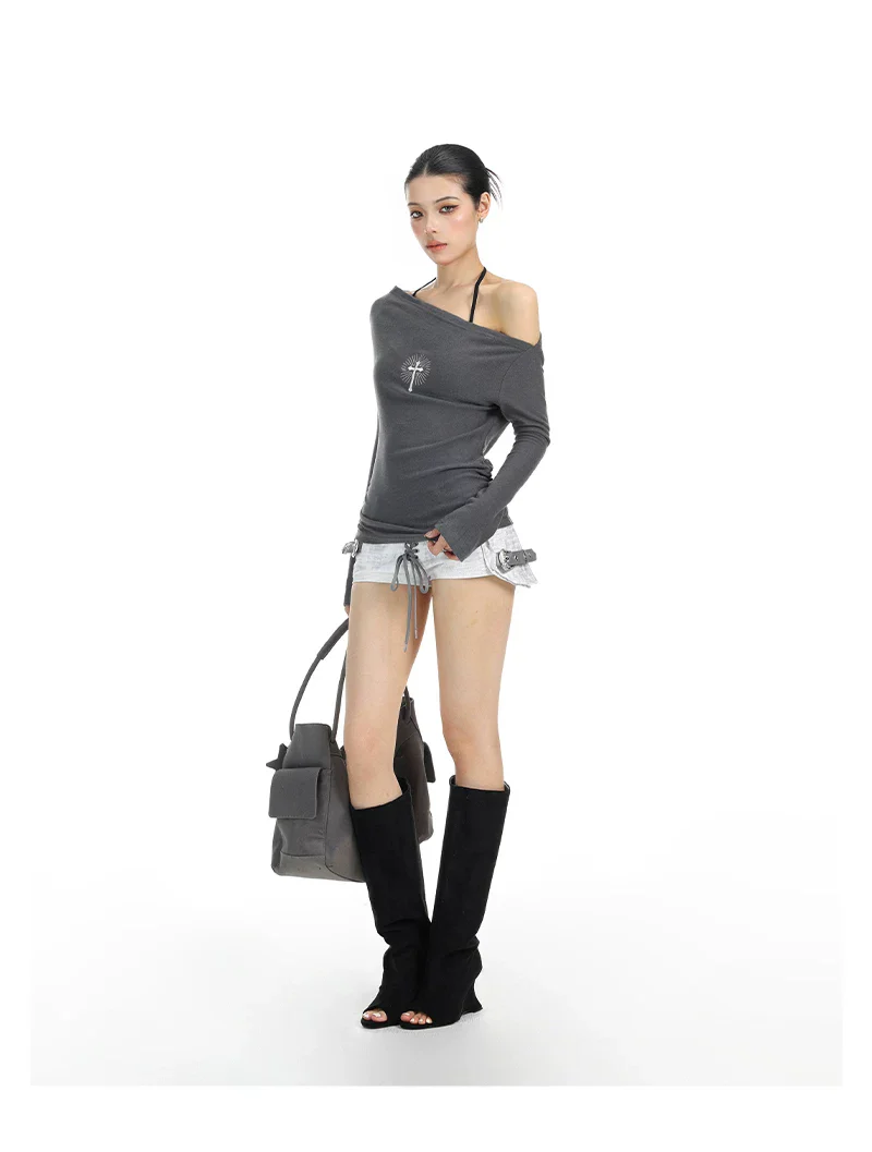 Off-Shoulder Cross Embroidered Top - Image 2