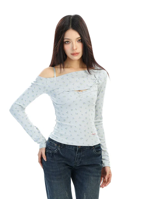Off-Shoulder Cutout Floral Long Sleeve Top - Image 3
