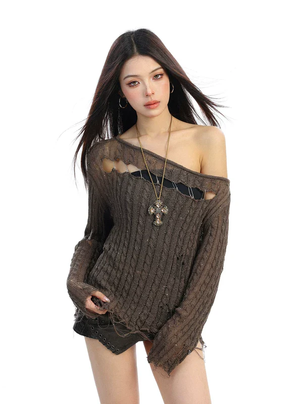 Off-Shoulder Distressed Hollow Knit Top - Image 4