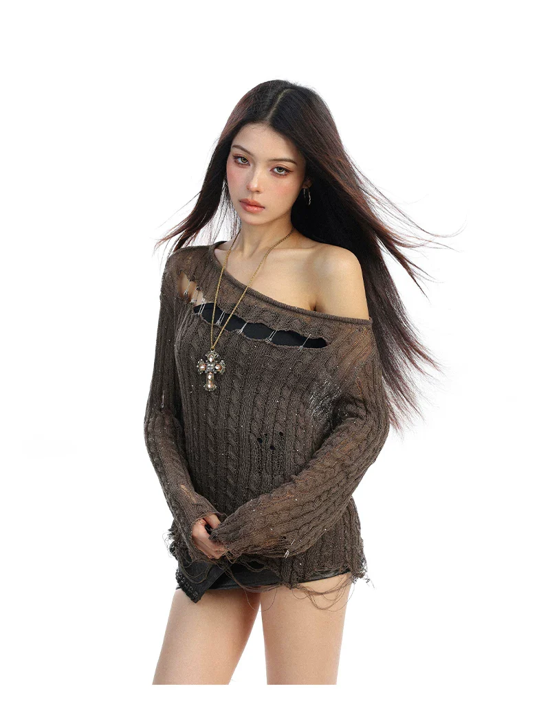 Off-Shoulder Distressed Hollow Knit Top - Image 6