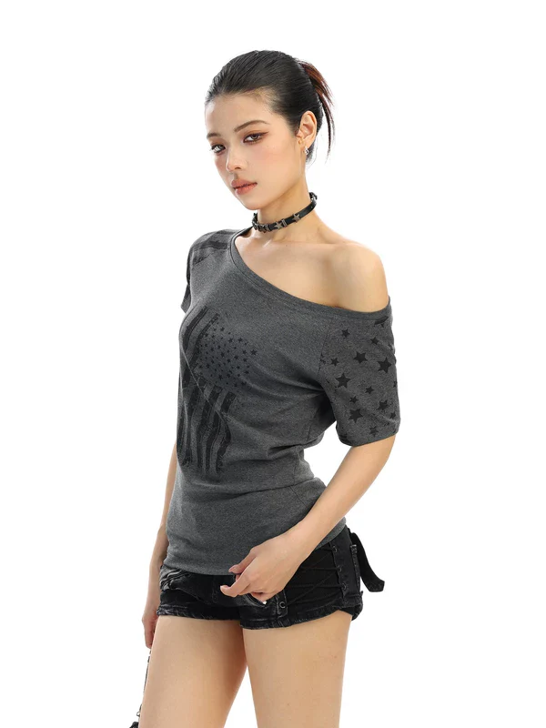 Off-Shoulder Flag Print Short Sleeve Top - Image 2